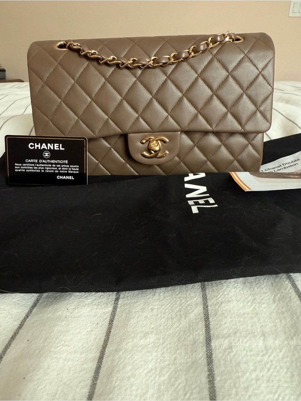 CHANEL Medium 24K plated hardware Brown lambskin Double Flap w/card, duster, COA